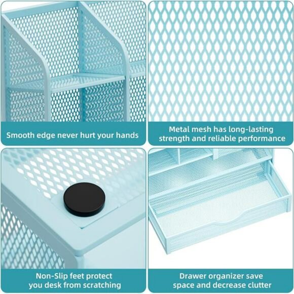 Mesh Desk Organizer Pen Holder with Drawer Office Supply Storage Caddy Blue - Picture 6 of 7